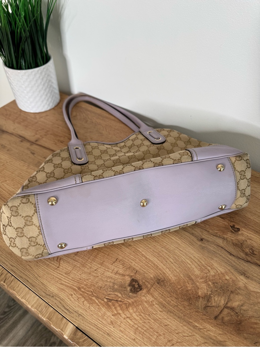 Authentic Gucci GG Monogram Canvas Princy Tote Beige Purple Leather Shoulder Bag - Picture 12 of 16